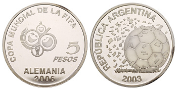 Аргентина 5 песо 2003 FIFA, XVIII Чемпионат мира по футболу в Германии 2006 KM 143 серебро PROOF 11-080-24