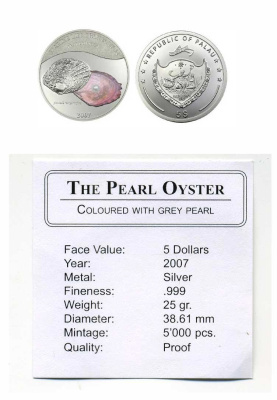 Палау 5 долларов 2007 серая жемчужина тираж 5000 экз серебро PROOF 4-5-3-09