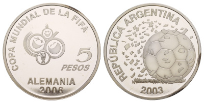 Аргентина 5 песо 2003 FIFA, XVIII Чемпионат мира по футболу в Германии 2006 KM 143 серебро PROOF 11-080-24