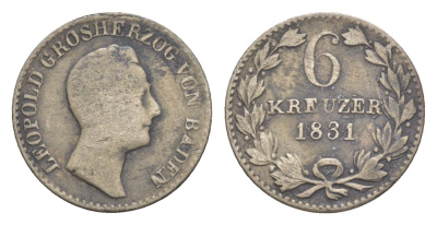 Баден 6 крейцеров 1831 Леопольд (1830-1852) KM 198 серебро 1518-324