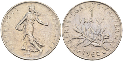 Франция 1 франк 1960 сеятель KM 925.1, LE FRANC 226.4 никель    4177-213