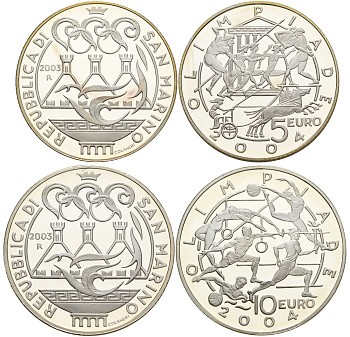 Сан-Марино набор 5 и 10 евро 2003 Олимпийские игры в Афинах 2004, виды спорта, в оригинальной коробке, с сертификатом KM 453, 454 серебро PROOF 7-1-65