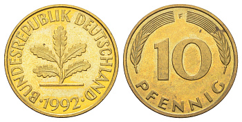 ФРГ 10 пфеннигов 1992 F KM 108, J. 383 сталь плакированная латунью 4697-557