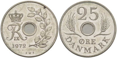 ДАНИЯ 25 ЭРЕ 1972 S; S, ФРЕДЕРИК IX (1947-1972) KM 855.2 медно-никель 94-552