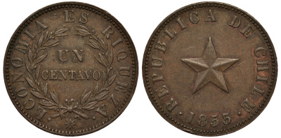 Чили 1 сентаво 1853 звезда KM 127 медь 180-741