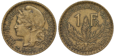 Французский Камерун 1 франк 1926 (а), монетный двор Париж KM 2 алюминиевая бронза    62-827