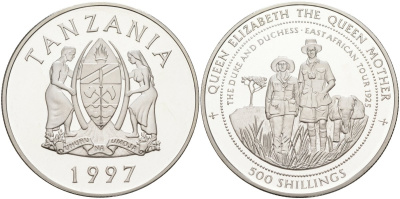 Танзания 500 шиллингов 1997 серия королева Елизавета-королева мать, граф и графиня в туре по восточной Африке 1925 год KM 47 серебро PROOF 1069-3-24