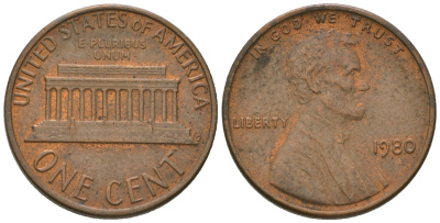 США 1 цент 1980 Авраам Линкольн KM 201 медь цинк 4615-1261