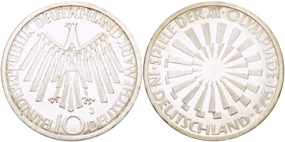 ФРГ 10 МАРОК 1972 J, ОЛИМПИЙСКИЕ ИГРЫ В МЮНХЕНЕ 1972 ГОДА, СПИРАЛЬ KM 134.1, J. 401b серебро 413-1415