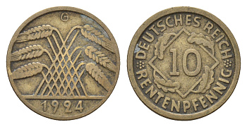 Германия 10 рентенпфеннигов 1924 G KM 33, J. 309 алюминиевая бронза 4606-235