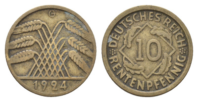 Германия 10 рентенпфеннигов 1924 G KM 33, J. 309 алюминиевая бронза 4606-235