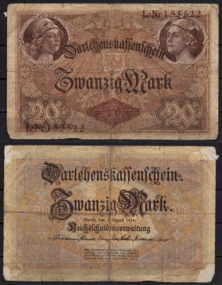 Германия 20 марок 1914 Минерва и Меркурий, герб Pick 48a бумага 8592-52-2-1