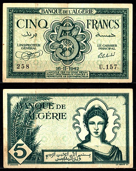 Алжир 5 франков 1942 Pick 91 бумага 2119-40-1-2