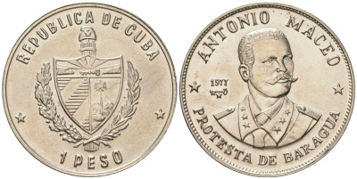 Куба 1 песо 1977 Антонио Масео (1845-1896) KM 189 медно-никель UNC 4165-133