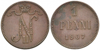 РОССИЯ ДЛЯ ФИНЛЯНДИИ 1 ПЕННИ 1907 НИКОЛАЙ II KM 13, Биткин 468 медь 4396-1334