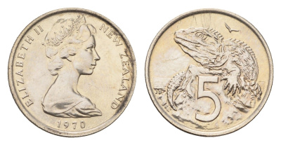 Новая Зеландия 5 центов 1970 Елизавета II (1952-2022), ящерица гаттерия, тираж 30.000 экземпляров KM 34 медно-никель BU 220-935