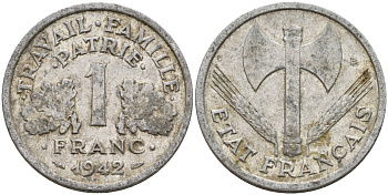 Франция 1 франк 1942 LB, тип Lourde, правительство Виши KM 902.1, Le Franc 222.2 алюминий 4142-857