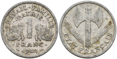 Франция 1 франк 1942 LB, тип Lourde, правительство Виши KM 902.1, Le Franc 222.2 алюминий 4142-857