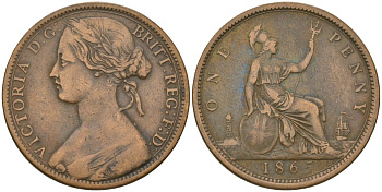 Великобритания 1 пенни 1865 Виктория (1837-1901) KM 749.2, Spink 3954 бронза 4590-821