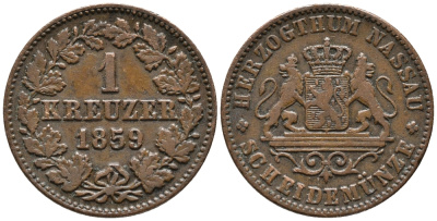 Нассау 1 крейцер 1859 Герцог Адольф (1839-1866) KM 54 медь 34-911