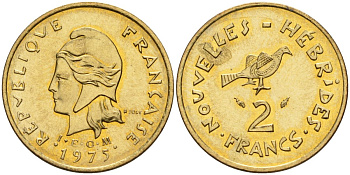 Французские Новые Гебриды 2 франка 1975 заморские территории KM 5.2 никель-латунь 4154-213