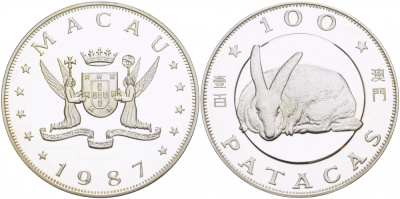 Макао 100 патака 1987 лунный календарь, год кролика KM 36 серебро PROOF 1085-9-23