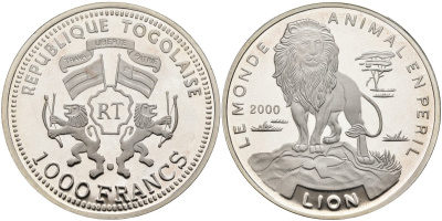 Того 1000 франков 2000 серия животный мир, лев, тираж 5000 экз. KM 28 серебро PROOF 04-318-22