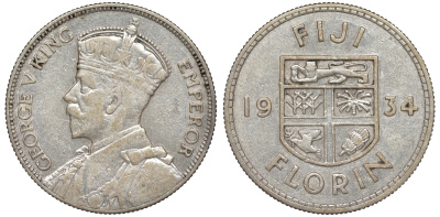 Фиджи 1 флорин 1934 Георг V (1910-1936), герб Фиджи KM 5 серебро    91-1135