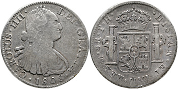 Мексика 8 реалов 1808 ТН, монетный двор Мо (Мехико Сити), Карл IV Испанский (1788-1808) KM 109 серебро    1519-1311