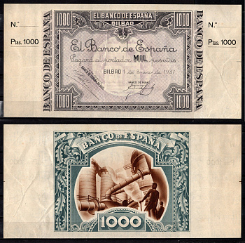 Испания, Бильбао 1000 песет 1937 Pick S567 a-a бумага 6267-32-2