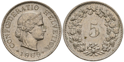 Швейцария 5 раппенов 1969 KM 26 медно-никель 4154-944