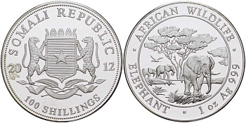 Сомали 100 шиллингов 2012 серия охрана окружающей среды, африканские слоны, 1 унция KM NEW серебро PROOF 1076-7-63