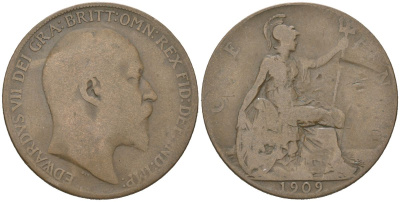 Великобритания 1 пенни 1909 Эдуард VII (1901-1910) KM 794.2, Spink 3990 бронза 221-1241