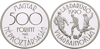 Венгрия 500 форинтов 1988 чемпионат мира по футболу в Италии 1990 года KM 667 серебро PROOF 1074-9-54