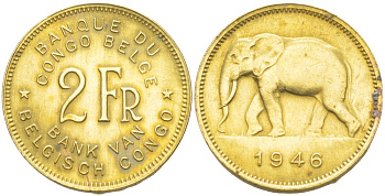 Бельгийское Конго 2 франка 1946 слон KM 28 латунь 4541-1014
