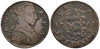 Ангальт-Цербст 1 пфенниг 1766 Фридрих Август (1747-1793) KM 51, Mann 381 медь 00-00