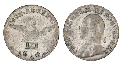 ПОЛЬША (ВОСТОЧНАЯ ПРУССИЯ) 3 ГРОША 1800 A, ФРИДРИХ ВИЛЬГЕЛЬМ III ПРУССКИЙ (1797-1840), МОНДВОР БЕРЛИН, Jg. 16, Olding 147, KM 60 серебро 00-00