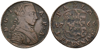 Ангальт-Цербст 1 пфенниг 1766 Фридрих Август (1747-1793) KM 51, Mann 381 медь 00-00
