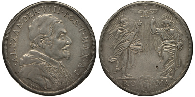 Ватикан 1 пиастр A I (1689/1690) Александр VIII, Святые Апостолы Петр и Павел, в Святом Духе Dav. 4099, Muntoni 13 серебро 00-000-00