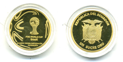 Эквадор 1 сукре 2014 чемпионат мира по футболу в Бразилии, в оригинальной коробке золото PROOF 00-00