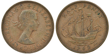 Великобритания 1/2 пенни 1962 Елизавета II (1952-2022) KM 896, Spink 4158 бронза 4681-623