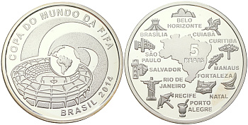 Бразилия 5 реалов 2014 Чемпионат мира по футболу 2014, города принимающие чемпионат мира, тираж 12.000 экземпляров, в оригинальной коробке, с сертификатом KM 702 серебро  PROOF  8-1-02-02