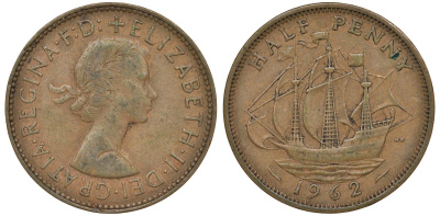 Великобритания 1/2 пенни 1962 Елизавета II (1952-2022) KM 896, Spink 4158 бронза 4681-623