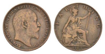 Великобритания 1 фартинг 1909 Эдуард VII (1901-1910) KM 792, Spink 3992 бронза 4658-937