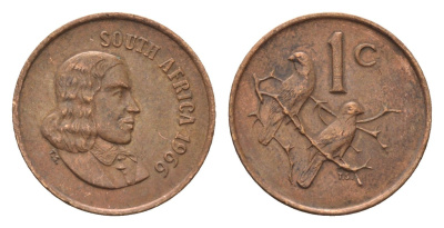 ЮАР 1 цент 1966 Ян ван Рибек (1619-1677), South Africa, легенда на африкаанс, капские воробьи KM 65.1 бронза 4690-1147