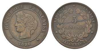 Франция 5 сантимов 1896 KM 821 бронза 4610-136