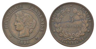 Франция 5 сантимов 1896 KM 821 бронза 4610-136