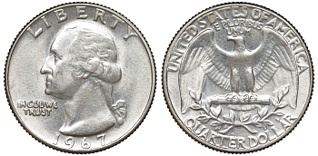 США 25 центов (квотер) 1967 Вашингтон KM 164а медь плакированная медно-никелем UNC 51-1036