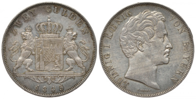 Бавария 2 гульдена 1845 Людвиг I (1825-1848) Jaeger 63, Thun 89, AKS 77, Kahnt 73, Davenport 594, KM 438 серебро 00-805-23