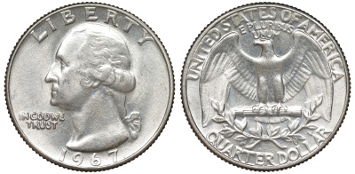 США 25 центов (квотер) 1967 Вашингтон KM 164а медь плакированная медно-никелем UNC 51-1036